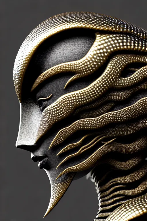 Image similar to bw close - up profile face, black background, beautiful young porcelain vegetal - dragon - cyborg - female, 1 5 0 mm, beautiful natural soft rim light, silver gold details, magnolia leaves and stems, roots, mandelbot fractal, elegant, ultra detailed, white metallic armour, octane render, h. r. giger style