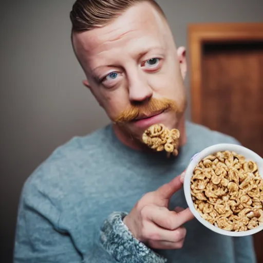 Image similar to macklemore eating cereal at home, photography, depth of field, 7 0 mm lens, studio lighting,