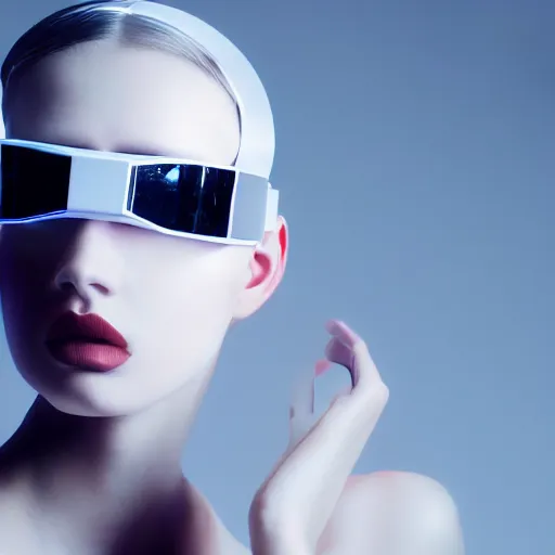 Prompt: high fashion photography of a model in neo futurism white sci - fi makup, wearing vr goggles, transparent cloth, beautifully lit