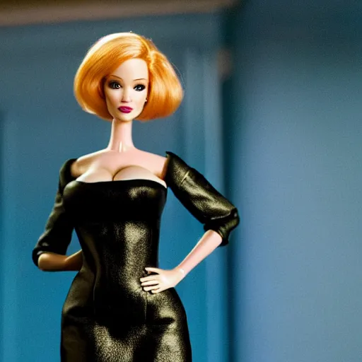 Image similar to amazing beautiful Christina Hendricks barbie doll wearing leather in the living room, film still from the movie directed by Denis Villeneuve , wide lens