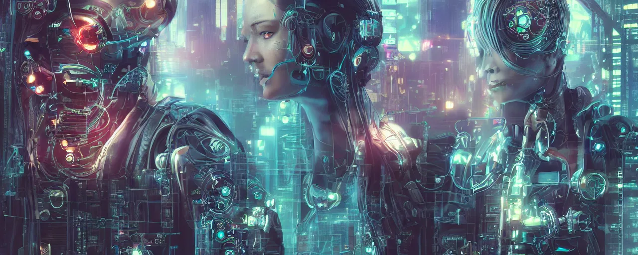 Image similar to portrait of a cyberpunk sci-fi artificial intelligence machine, third person, D&D, sci-fi fantasy, intricate, hologram colors , highly detailed, art by Range Murata, highly detailed, isometric 3d, octane render, bright colors, digital painting, trending on artstation, sharp focus, illustration style of Stanley Artgerm,