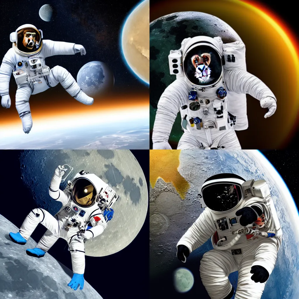 Prompt: Photo Of A Monkey In An Astronaut Suit In Space, 4K, Near The Moon, Stars