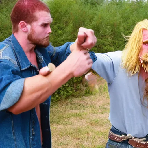 Image similar to long - haired blonde hillbilly fighting a cardboard boxman