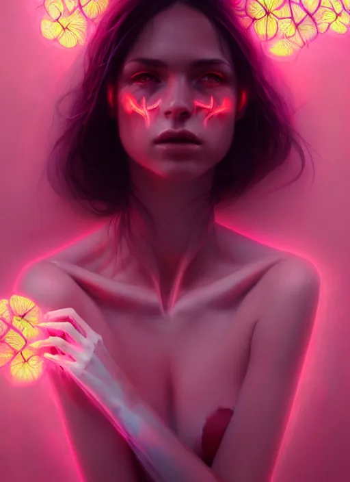 Image similar to portrait female posing sensual figure x - ray, skeletal, glowing veins under translucent skin, highly detailed skin, among neon bed of flowers, windy, stormy sky, bioluminescent, plasma, greg rutkowski, 8 k trending on artstation,