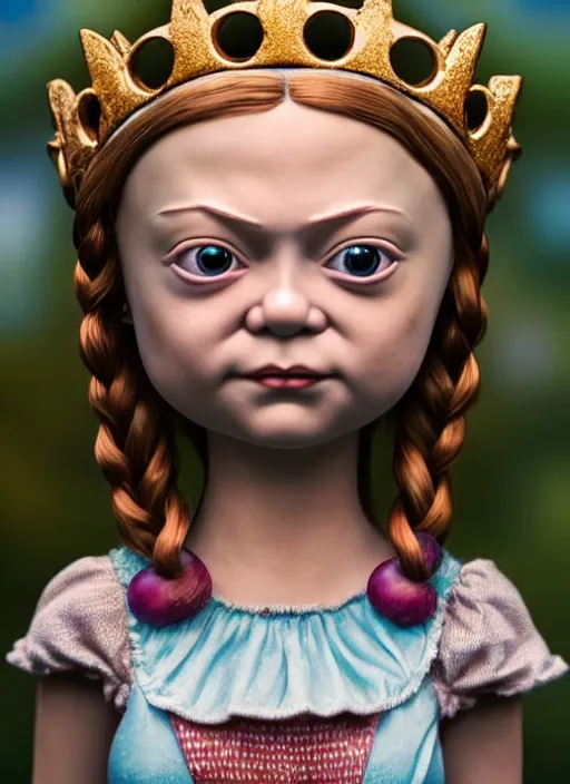 Image similar to highly detailed closeup, face profile portrait of greta thunberg as a tin toy fairytale princess wearing a crown eating cakes, bikini, unreal engine, nicoletta ceccoli, mark ryden, earl norem, lostfish, global illumination, detailed and intricate environment