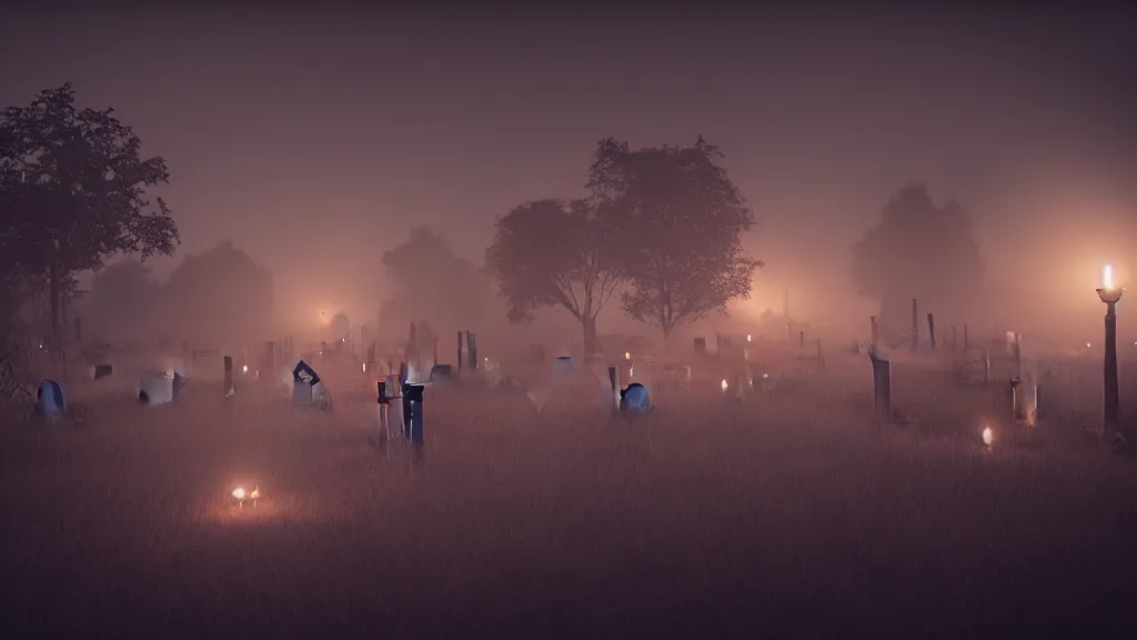 Prompt: misty graveyard at night with skeletons and candles, dramatic lighting, 8 k uhd, unreal engine, octane render, moon rays, award winning, visually stunning