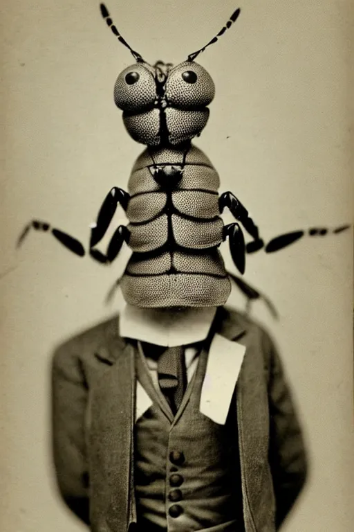 Image similar to anthropomorphic insect, wearing a suit, vintage photograph, sepia