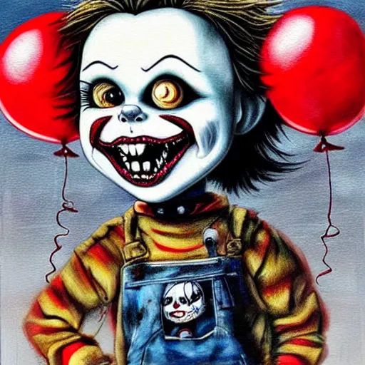 Image similar to grunge cartoon painting of chucky with a wide smile and a red balloon by chris leib, loony toons style, pennywise style, corpse bride style, horror theme, detailed, elegant, intricate