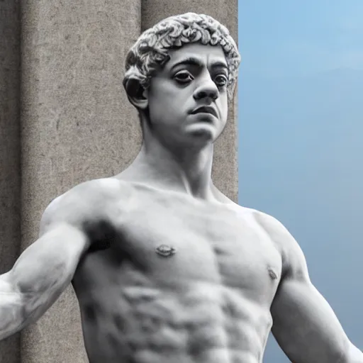 Image similar to rami malek as marble statue of ancient roman emperor, created by michelangelo, museum photoshot, 3 d photorealistic render, high resolution, 8 k