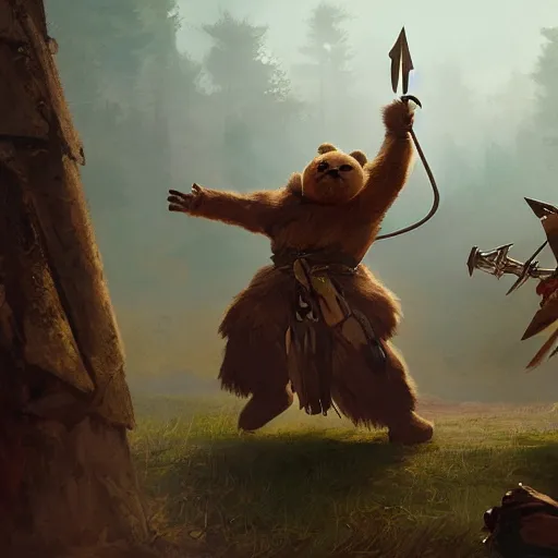 Prompt: a teddy bear priest fights against a Puppet warrior, by greg rutkowski, in the style of magic the gathering, trending on artstation, 4k, very detailed