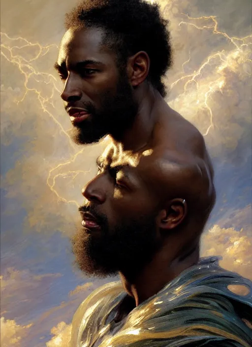 Prompt: young black man, god of lightning, flowing robes, powerful, smug expression, highly detailed painting by gaston bussiere, craig mullins, j. c. leyendecker 8 k, sparkling storm clouds