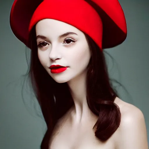 Image similar to fine art portrait photography half - length portrait of stunning girl in a red hat and black dress, kodak portra 4 0 0, 8 k, soft light, volumetric lighting, highly detailed,,