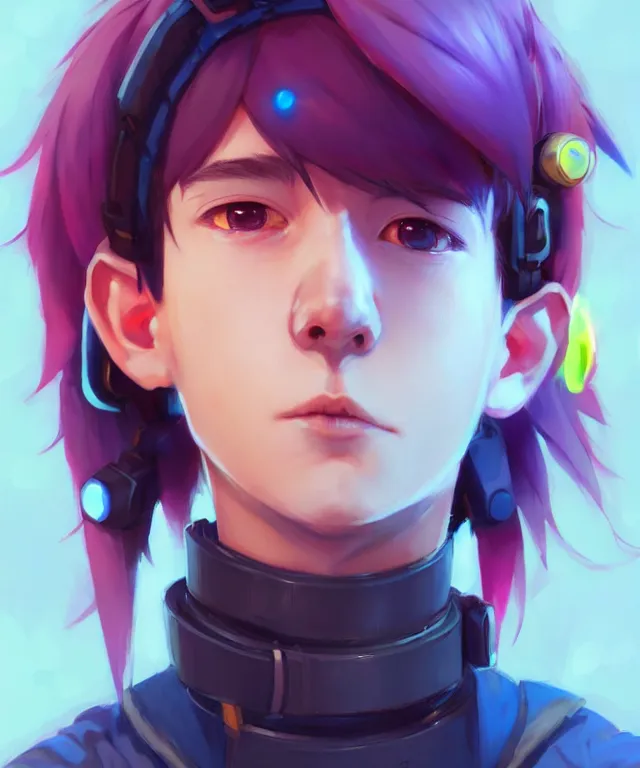 Image similar to character concept art of a cute young cyberpunk boy with colorful hair and collar | | cute - fine - face, pretty face, key visual, realistic shaded perfect face, fine details by stanley artgerm lau, wlop, rossdraws, james jean, andrei riabovitchev, marc simonetti, and sakimichan, trending on artstation