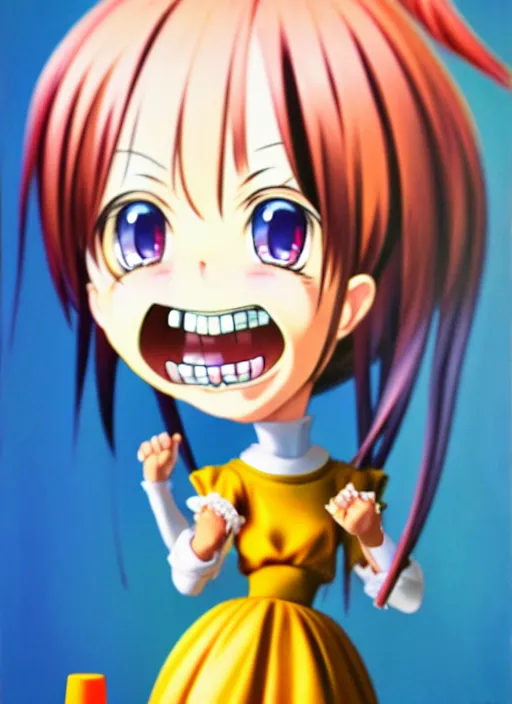 Image similar to a hyperrealistic oil panting of a kawaii anime girl figurine caricature with a big dumb grin featured on nickelodeon by dave mckean