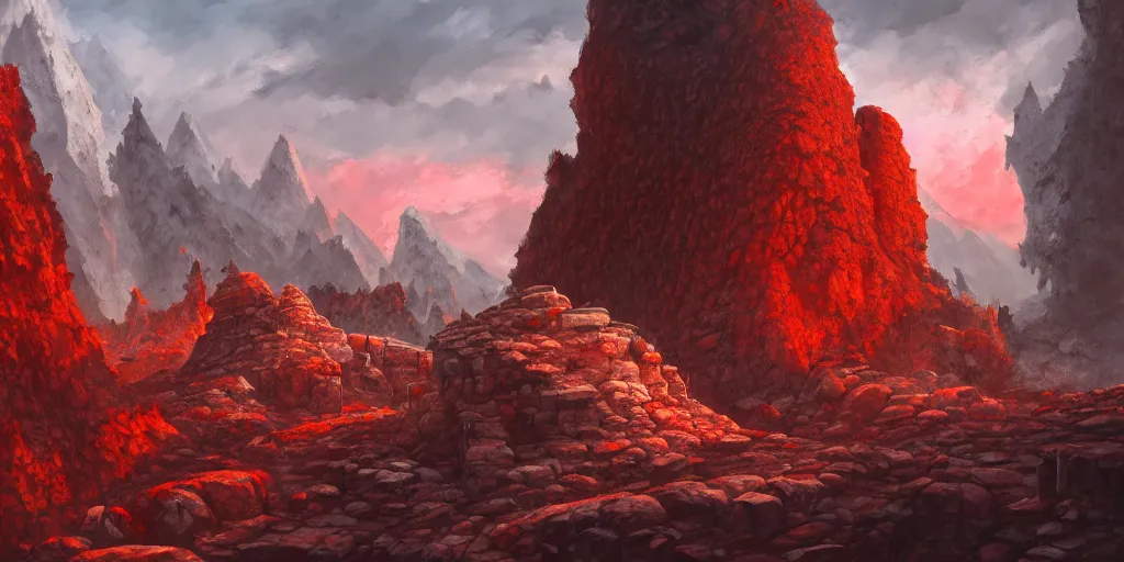 Image similar to a naturally reddened outcropping of stone juts out of the salted crag, matte oil painting, colored merchant tents, retrofuturistic science fantasy, dungeon, stone bricks, shrines, rpg, epic, extremely detailed, sharp focus, 4 k