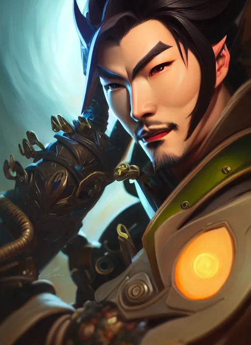 Prompt: lgenji from overwatch, fantasy, fantasy art, character portrait, portrait, close up, highly detailed, scifi art, intricate detail, amazing detail, sharp focus, vintage fantasy art, vintage sci - fi art, radiant light, trending on artstation, caustics, by boris vallejo