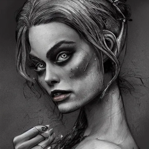 Image similar to michael karcz grunge drawing of margot robbie. , in the style of corpse bride, loony toons style, horror themed, detailed, elegant, intricate, trending on artstation, 4k