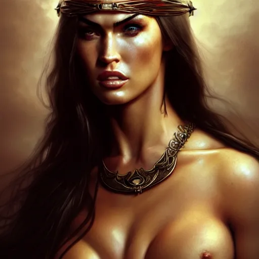 Image similar to portrait of megan fox, muscular upper body, slave collar, blindfold, bikini, fantasy, intricate, elegant, highly detailed, digital painting, artstation, concept art, matte, sharp focus, illustration, art by aenaluck and roberto ferri and greg rutkowski, epic fantasy, digital painting