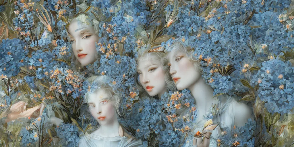 Image similar to breathtaking detailed concept art painting art deco pattern of blonde faces goddesses amalmation light - blue flowers with anxious piercing eyes and blend of flowers and birds, by hsiao - ron cheng and john james audubon, bizarre compositions, exquisite detail, extremely moody lighting, 8 k