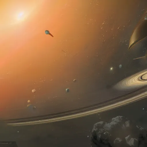 Prompt: intense space ship battle in the ring of Saturn, hyperdetailed, artstation, cgsociety, 8k