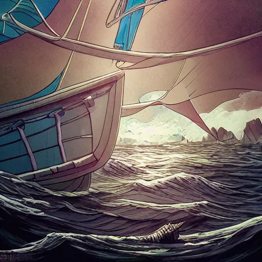 Prompt: an ancient white dragon tears apart a sailing boat, very detailed, prophet graphic novel, ilya kuvshinov, mcbess, rutkowski, simon roy wide shot, colorful, deep shadows,