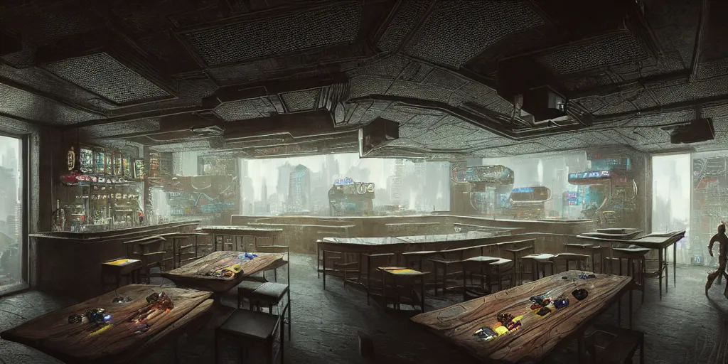 Prompt: Highly detailed realistic photo interior design in style of blend contemporary aesthetics by JAMIE BUSH and Josan Gonzalez of detailed cyberpunk tavern with stone walls, glass roof and neon lights, a lot of electronics and people, many details by Hiromasa Ogura. a lot of Natural white sunlight from the transperient roof. Rendered in VRAY