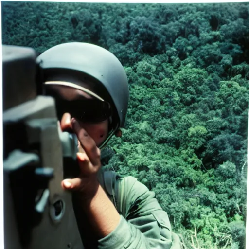 Prompt: film still, extreme far view, ariana grande, jungle, vietnam door gunner, apocalypse now, associated press, 2 6 mm lens, kodak ektachrome, blue tint expired film