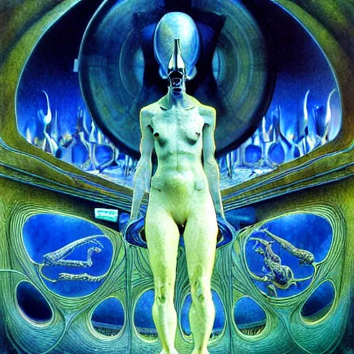 Image similar to realistic extremely detailed portrait painting of a ghost silhouette, futuristic sci-fi landscape on background by Jean Delville, Amano, Yves Tanguy, Alphonse Mucha, Ernst Haeckel, Edward Robert Hughes, Roger Dean, rich moody colours, blue eyes