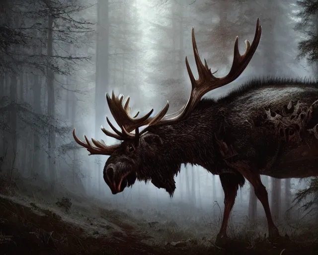 Image similar to 5 5 mm portrait photo of an armored demonic undead rotting moose with red eyes antlers and looking at the camera, in a magical forest. magical atmosphere. art by greg rutkowski and luis royo. highly detailed 8 k. intricate. lifelike. soft light. nikon d 8 5 0.