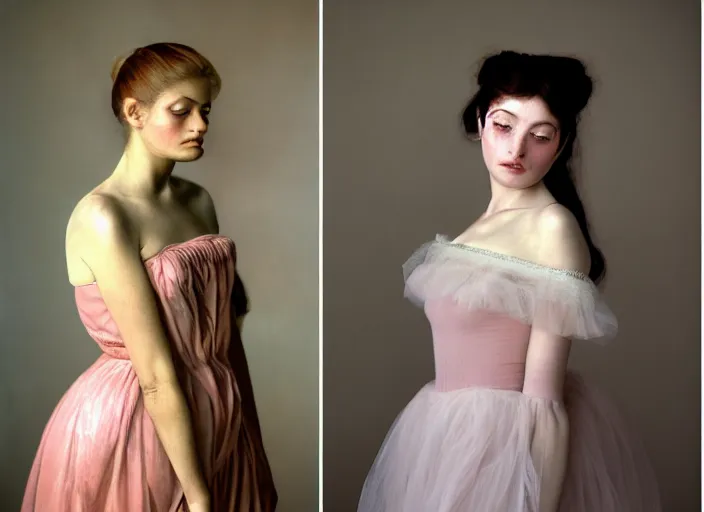 Prompt: portrait photography of two woman embrached one how Degas beauty type , yhe other woman like Raffaelo type beauty, in style of Antoine D'Agata', brigitte bardot style 3/4 ,, natural color skin like porcellain pointed in rose, long hair with ornamental hairstyle, full body dressed with a ethereal transparent voile dress, elegrant, 8K post production, soft focus, melanchonic rose soft light, volumetric lighting, highly detailed Realistic, Refined, Highly Detailed, natural point rose', indoor soft lighting, soft delicate lighting colors scheme, soft blur lighting, fine art fashion photography