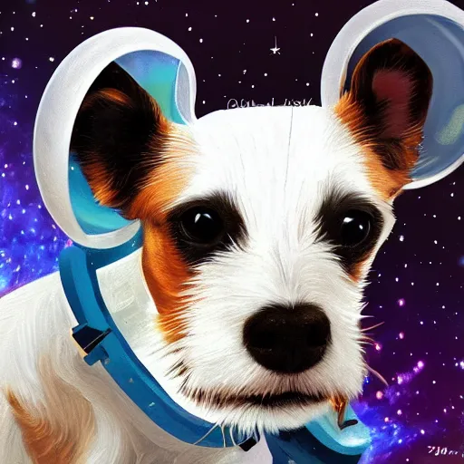 Prompt: absolutely white jack russell terrier broken, flying in space in a helmet, photorealism, digital painting, super quality, 4 k