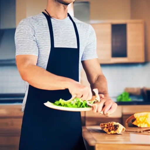 Prompt: stockphoto of man working hard chopping food