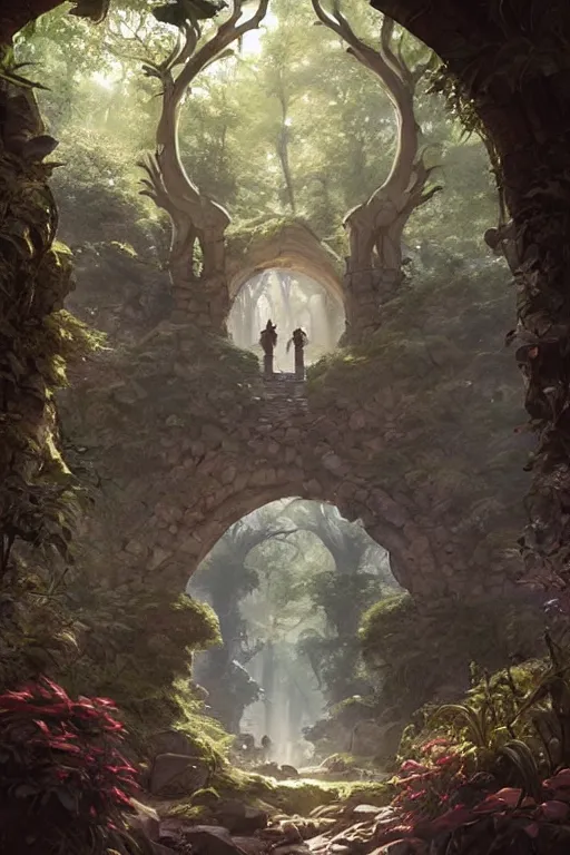 Prompt: big arch made of stones in a forest, d & d, fantasy, intricate, elegant, highly detailed, digital painting, artstation, concept art, matte, sharp focus, illustration, hearthstone, art by artgerm and greg rutkowski and alphonse mucha