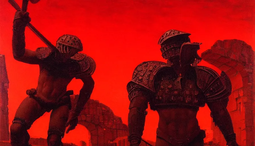 Image similar to only with red, a lightly armored gladiator in a crowded roman amphitheatre, crowd cheering, in the style of beksinski and edward hopper and rodcenko and yue minjun and rolf armstrong, intricate and epic composition, red by caravaggio, highly detailed, masterpiece, red light, artstation