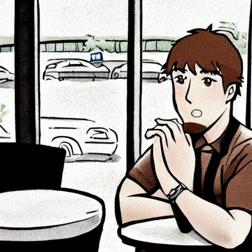 Image similar to comic cartoon manga male brown short hair cute white shirt sitting in cafe looking out window as traffic goes by