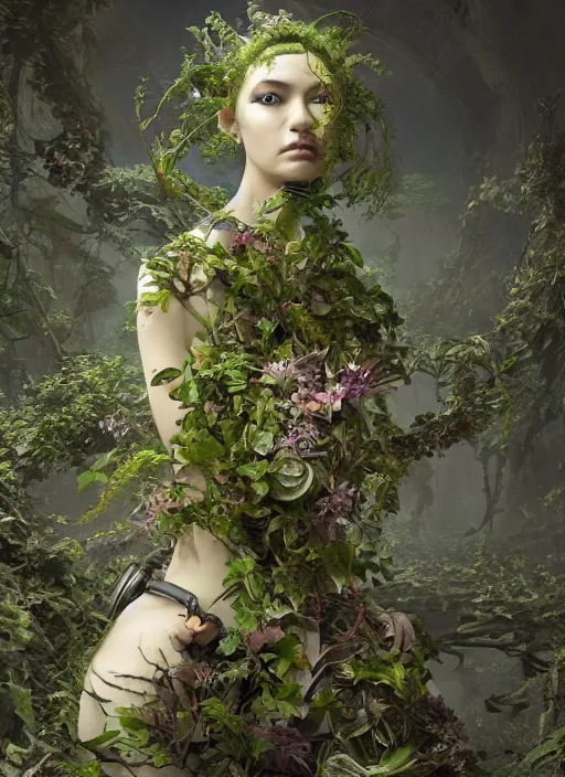 Prompt: studio portrait of a futuristic geisha cyborg overgrown with plants and ivy, modern fine art, fractal, intricate, elegant, highly detailed, digital photography, subsurface scattering, by jheronimus bosch and greg rutkowski,