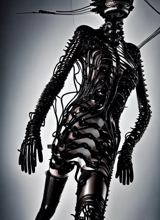 Image similar to walking down the catwalk, stage, vogue photo, podium, fashion show photo, historical baroque dress dark, iris van herpen, helmet on face, masterpiece, intricate, biopunk, vogue, full body shot, alien, plant predator, guyver, wires, tubes, veins, jellyfish, white biomechanical details, wearing epic bionic cyborg implants, highly detailed