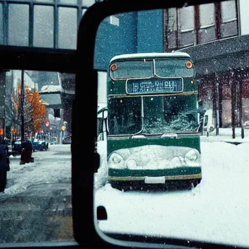 Prompt: a beautiful photo by fred herzog of the inside of a bus parked in a street of vancouver, viewed from outside, tiny gaussian blur, insanely detailed, insanely intricate, insanely beautiful, depth of field, low contrast, snowy, wide aperture