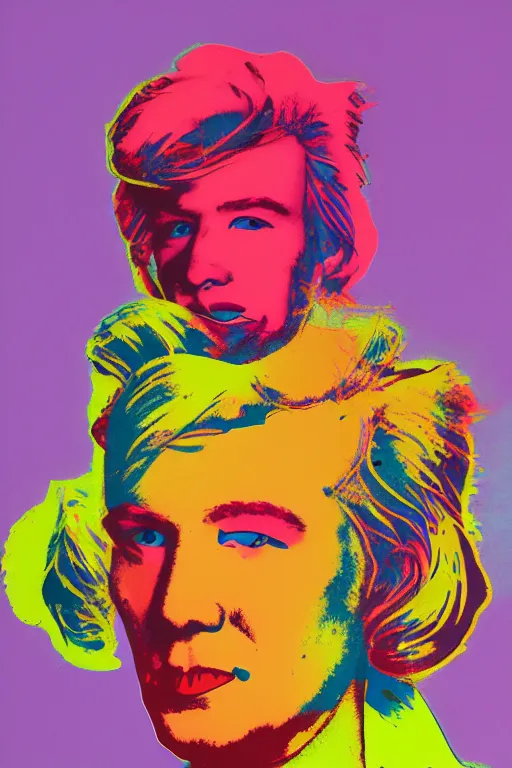 Image similar to colorful portrait of andy warhol, bloom flowers, modern, eclectic, illustration, studio lighting, matte background, by ramon casas