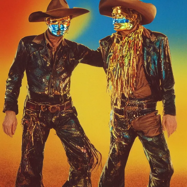 Image similar to 1 9 8 0's spaghetti western film octane render portrait by wayne barlow and carlo crivelli and glenn fabry, a person wearing a shiny colorful iridescent latex suit and mask and cowboy hat covered in liquid gold, standing in a colorful scenic western landscape with multicolored clouds, cinema 4 d, ray traced lighting, very short depth of field, bokeh