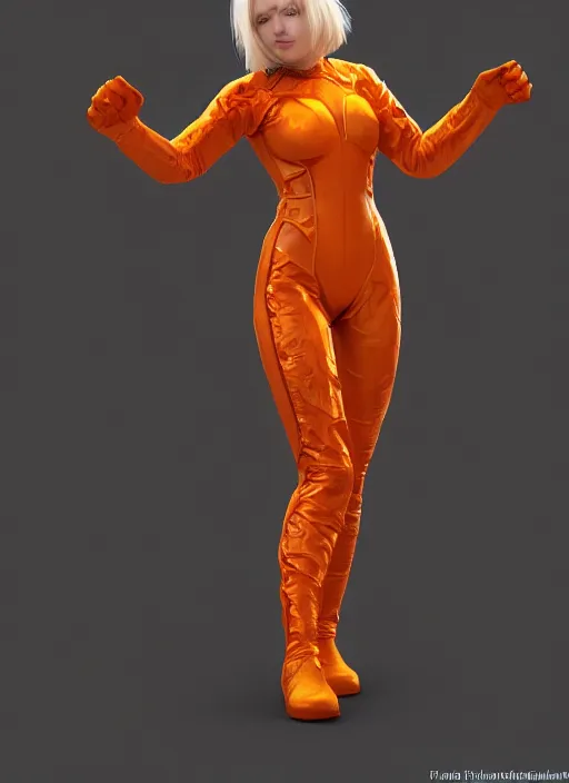 Image similar to biohazard teenage blonde girl wearing an orange superhero costume, au naturel, hyper detailed, digital art, trending in artstation, cinematic lighting, studio quality, smooth render, unreal engine 5 rendered, octane rendered, art style by klimt and nixeu and ian sprigger and wlop and krenz cushart