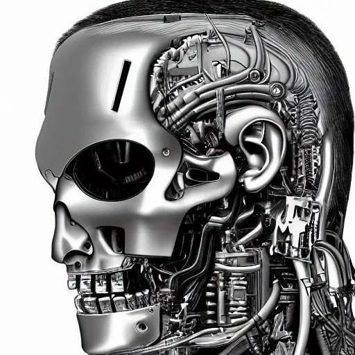 Image similar to super detailed portrait of a terminator's head, packed with cybernetics and and borg enhancements