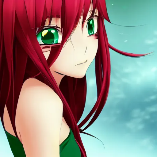 Prompt: portrait of an anime girl with red hair and green eyes