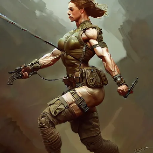 Image similar to female soldier, muscular upper body, D&D, fantasy, intricate, elegant, highly detailed, digital painting, artstation, concept art, smooth, sharp focus, illustration, art by artgerm and greg rutkowski and alphonse mucha