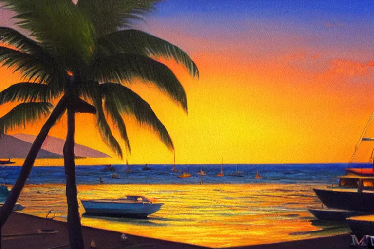 Prompt: Lahaina Maui harbor, sunset with palms, by Miyazaki, oil painting