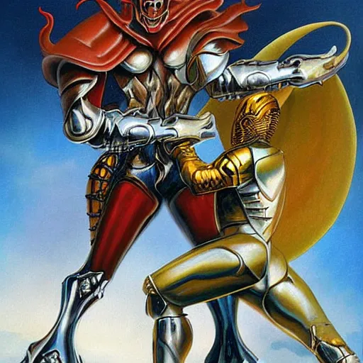 Prompt: a knight battling an alien king painting by boris vallejo & julie bell