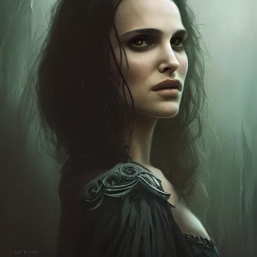 Image similar to closeup portrait of a young natalie portman in a gothic dress, eerie colors, dramatic light, gorgeous view, depth, high detail, digital art, painted by greg rutkowski and seb mckinnon, by tim burton, trending on artstation