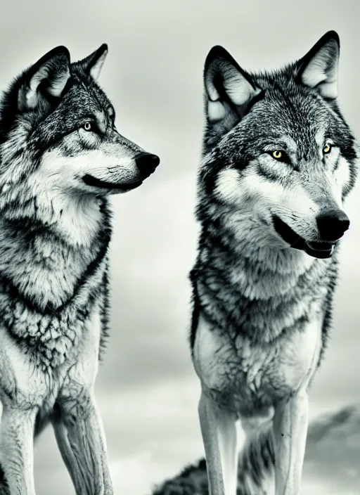 Image similar to two wolves black and white portrait white sky in background