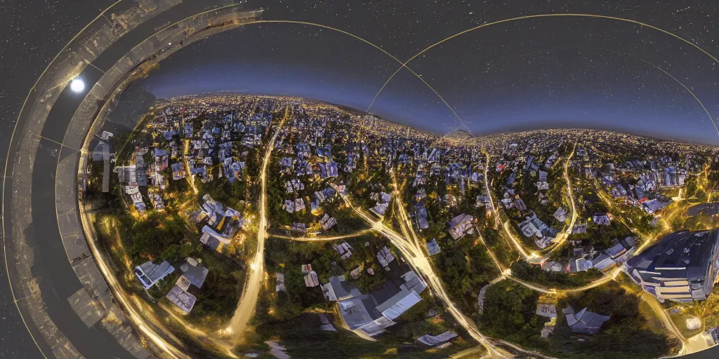 Image similar to Night view of suburb streets and residential apartment buildings in the distance. 3d spherical panorama with 360 viewing angle ready for virtual reality or vr. full equirectangular projection. sightseeing. full moonlit sky