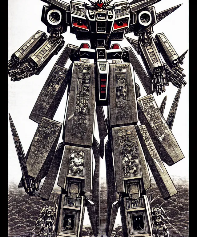 Image similar to symmetrical image of a gundam mecha robot, extremely high details, masterpiece engraving by takato yamamoto, gustave dore, jean giraud, philippe druillet